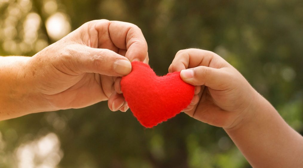 mano de adulto y mano de niño sosteniendo un corazón de fieltro