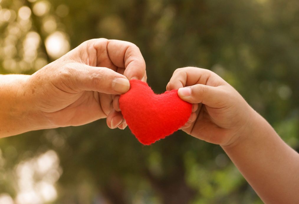 mano de adulto y mano de niño sosteniendo un corazón de fieltro