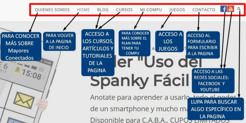 Menú de la página Mayores Conectados