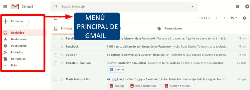 menu principal de gmail