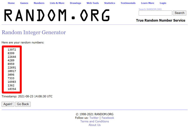 captura de la página random.org con la que se hace el sorteo