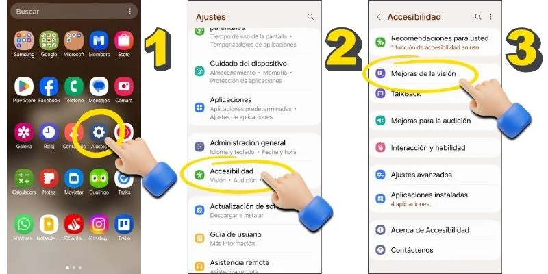 Capturas de pantallas de celular que muestran: como abrir Ajustes, Accesibilidad, Mejoras de visión.