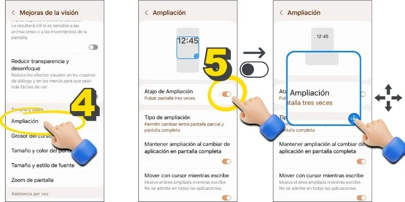 Capturas de pantallas de celular que muestran: como activar Ampliación, Atajo de ampliación y cómo se ve la lupa.
