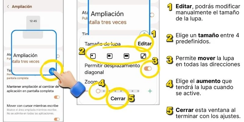Capturas de pantallas de celular que muestran: como editar el aspecto de la lupa.