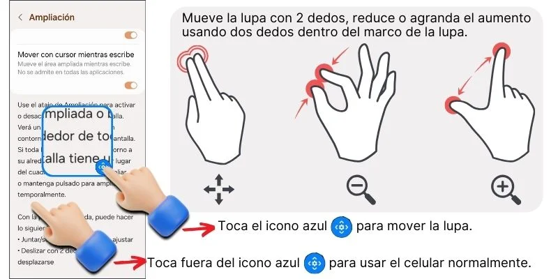 Capturas de pantallas de celular que muestran: la función de lupa activada y ilustraciones de manos mostrando los gestos para utilizar la lupa.