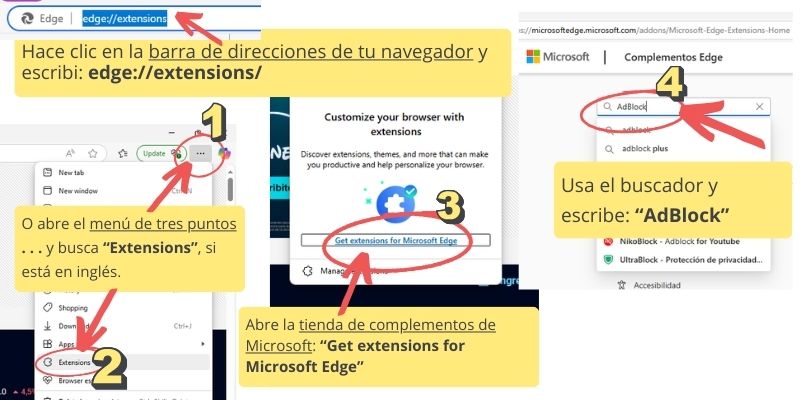 capturas de pantalla que muestran el paso a paso para instalar complemento AdBlock en en navegador Edge