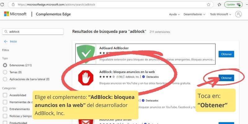 capturas de pantalla que muestran el paso a paso para instalar complemento AdBlock en en navegador Edge