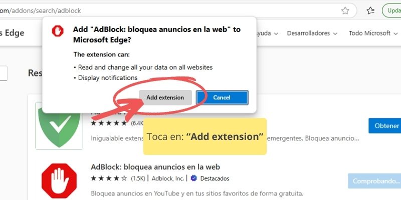 capturas de pantalla que muestran el paso a paso para instalar complemento AdBlock en en navegador Edge