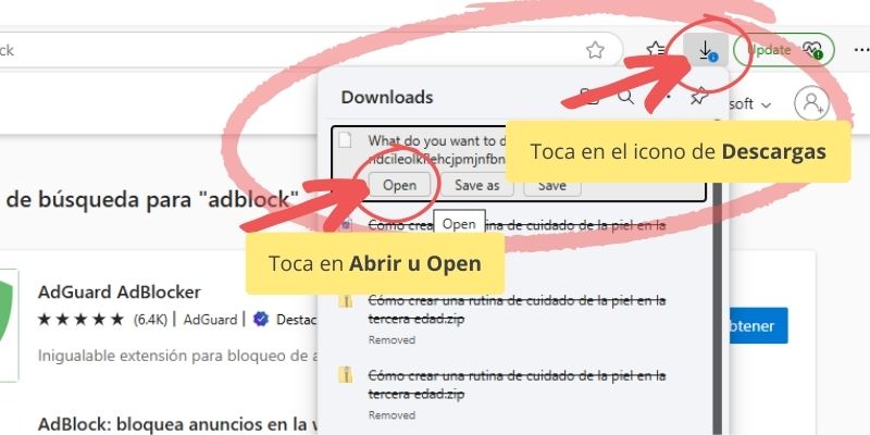 capturas de pantalla que muestran el paso a paso para instalar complemento AdBlock en en navegador Edge