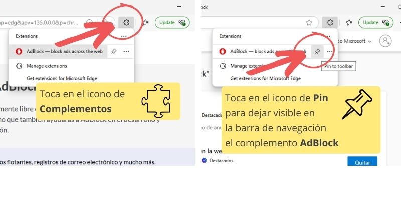capturas de pantalla que muestran el paso a paso para instalar complemento AdBlock en en navegador Edge