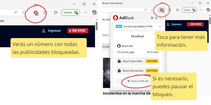 capturas de pantalla que muestran el paso a paso para instalar complemento AdBlock en en navegador Edge