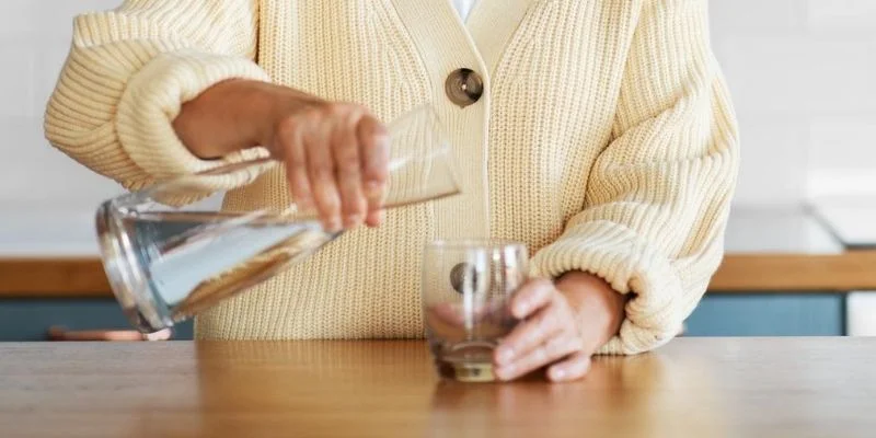 mujer madura sirviéndose agua de un botellón