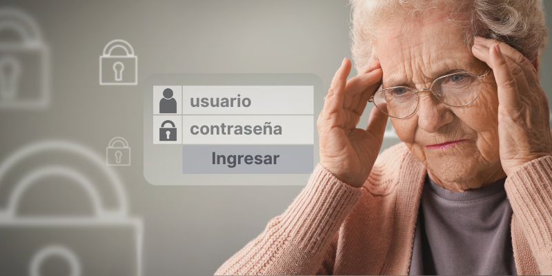mujer adulta mayor tratando de recordar contraseña