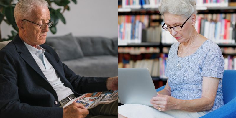 personas mayores leyendo periódico físico y portal de noticias online