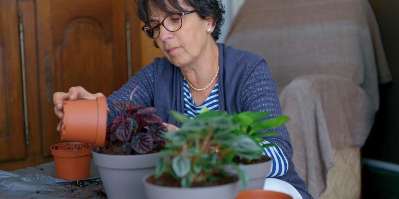 mujer madura dedicándose a las plantas de la casa