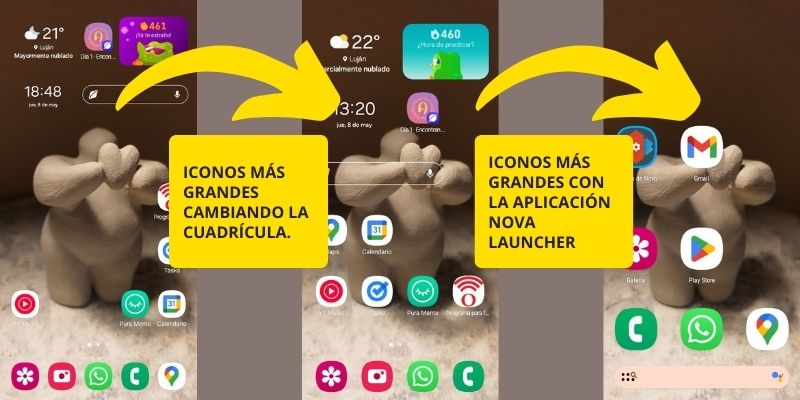 pantalla de inicio de celular samsung mostrando el cambio de tamaño de los iconos
